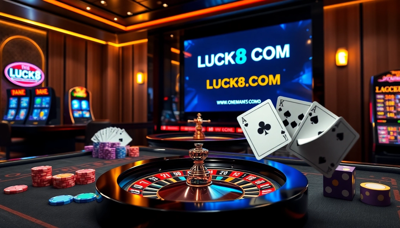 Exciting gambling scene featuring LUCK8 COM with casino tables and vibrant chips.