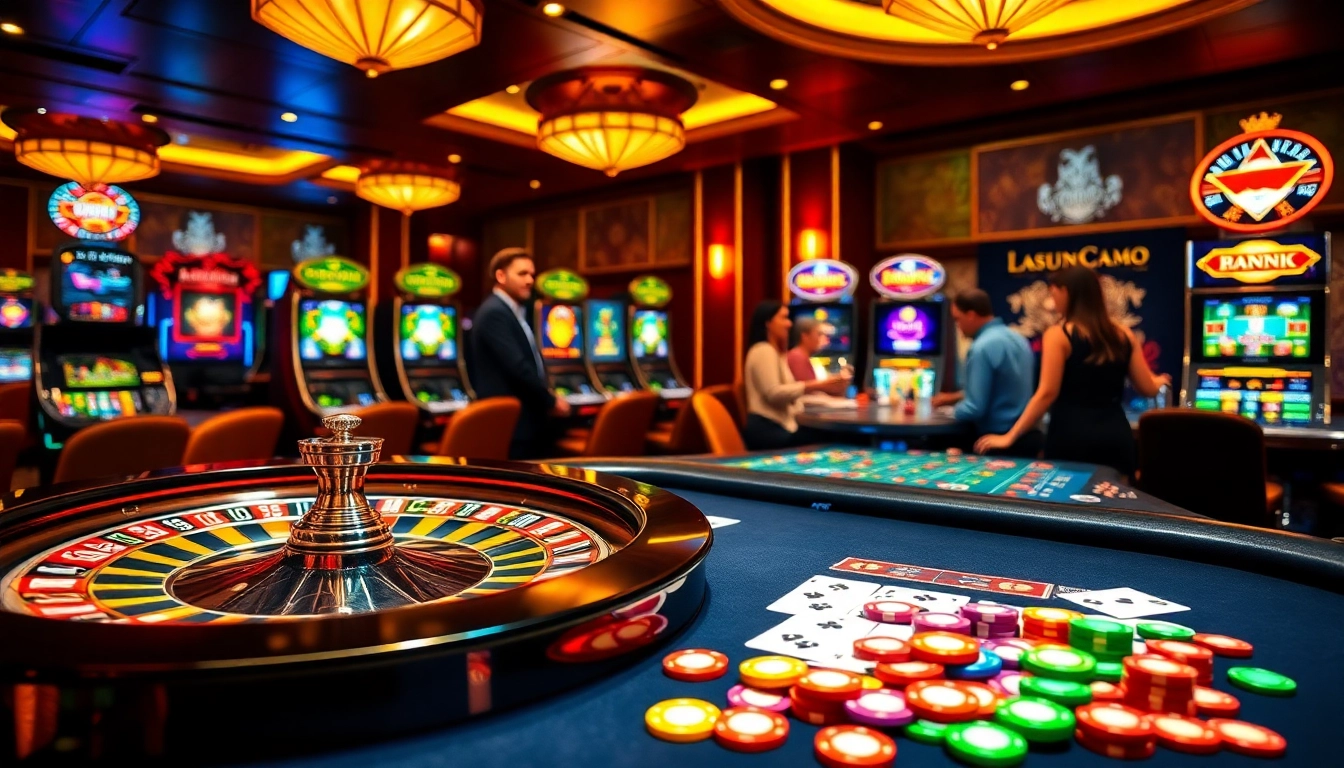 Featuring an exciting game 98win setup, gamblers strategize while enjoying vibrant casino elements.