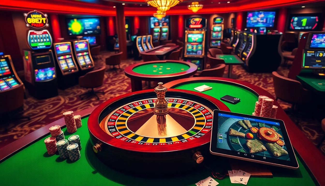Engaging casino scene showcasing 789f com with roulette, poker chips, and online betting interfaces.