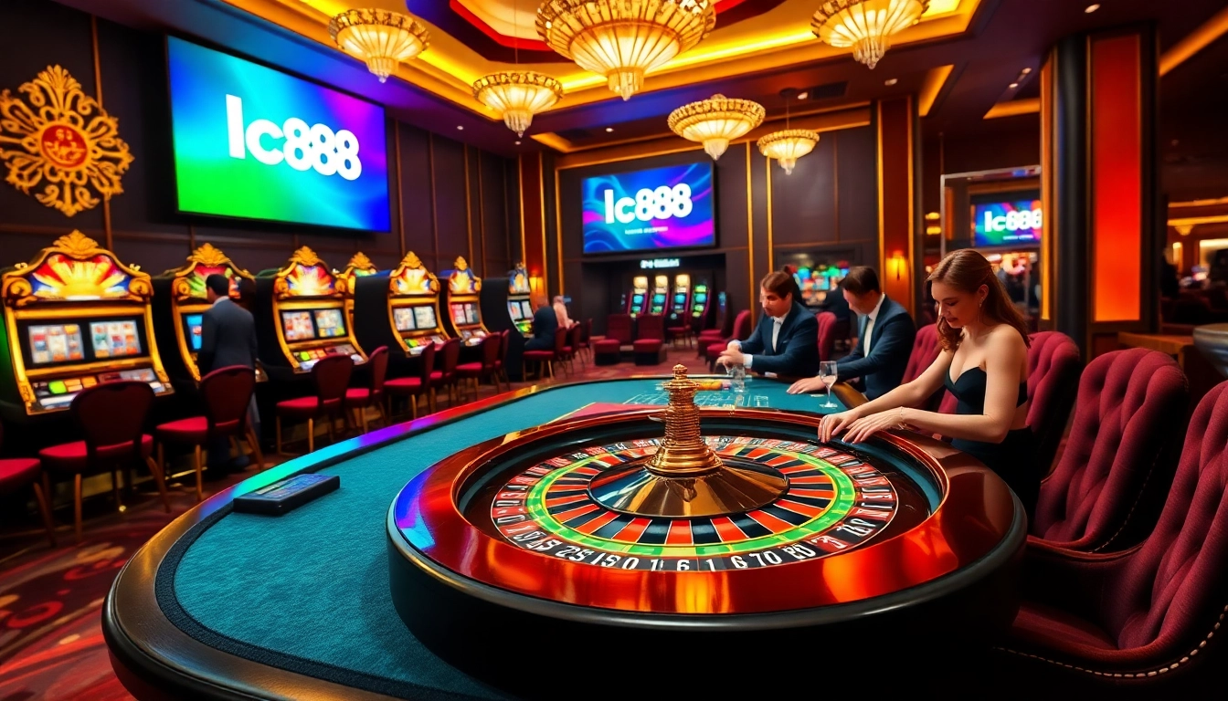 Engaging scene showing lc88 đăng nhập at a vibrant casino table with players and roulette.