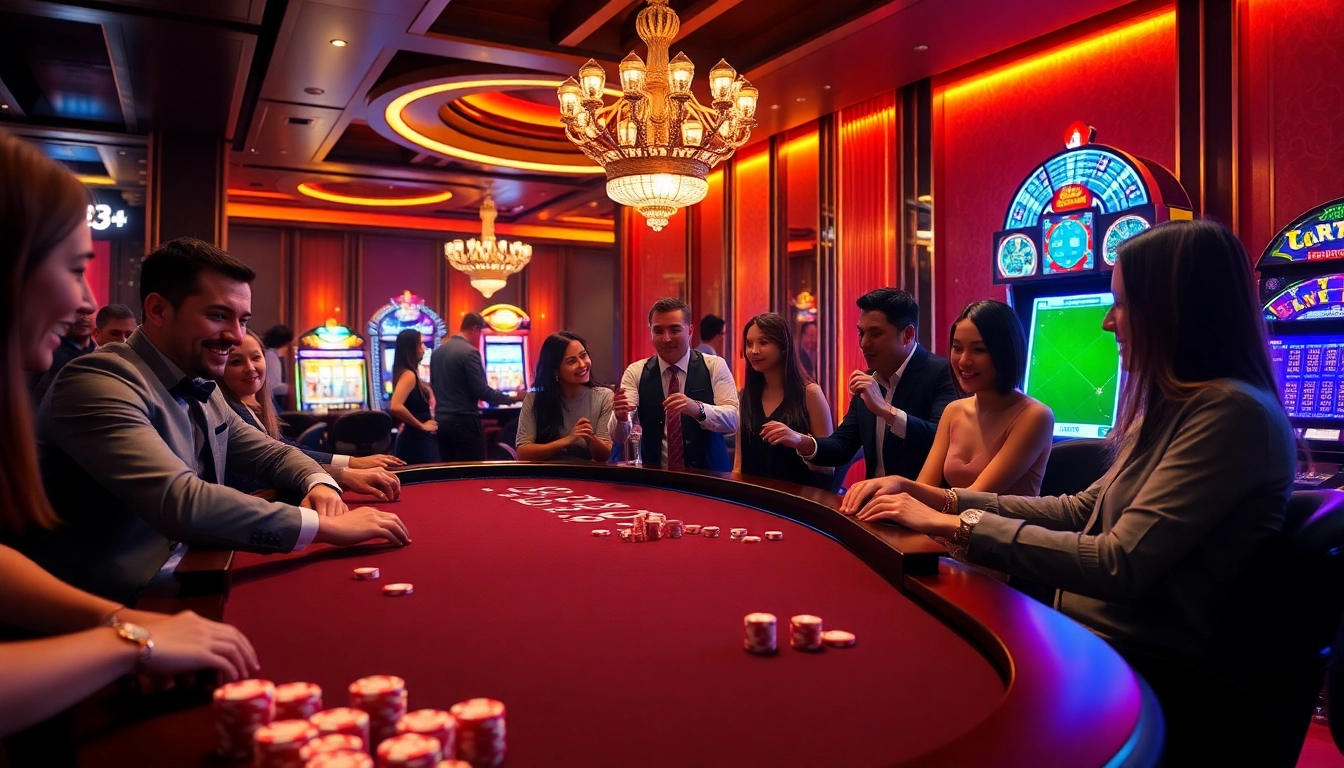 Engaging players at the Bk33 club's vibrant casino table with poker chips and lively atmosphere.