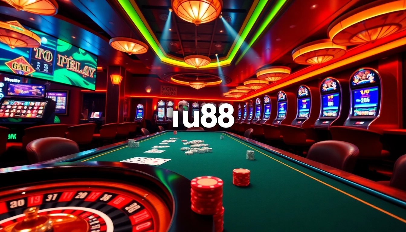 Experience the thrill of gambling with the uu88 tải app in a luxurious casino setting featuring poker tables and slot machines.