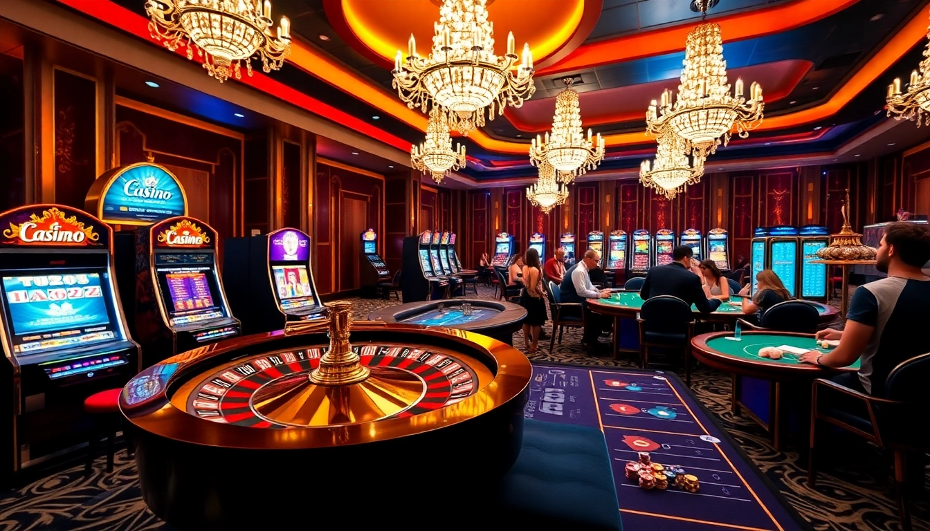 Gamblers enjoying a luxurious atmosphere at reliable online casinos en ligne fiable with slot machines, roulette, and cards.