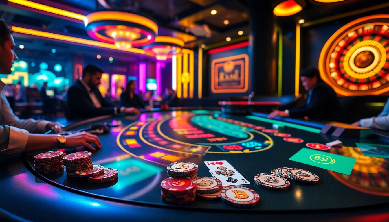 Experience the thrill of casino crypto with digital poker chips and modern gambling tables in a luxury setting.