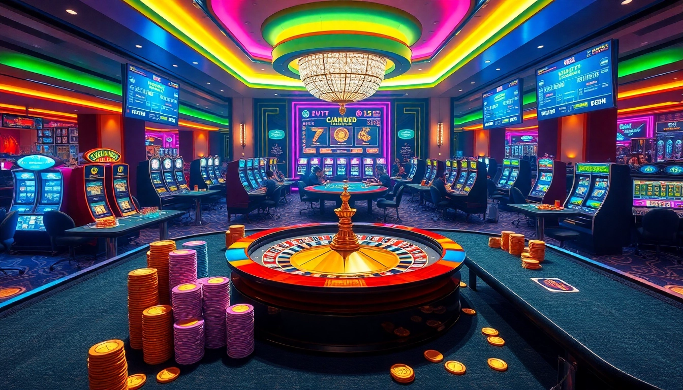 The interior of the best crypto casino showcasing players at poker tables and vibrant slot machines.