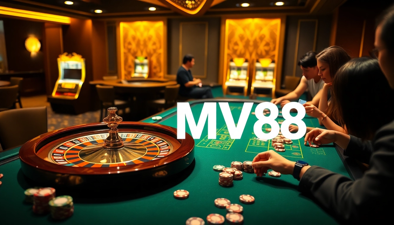 Experience thrilling games at MV88 casino, showcasing roulette, poker chips, and vibrant slot machines.