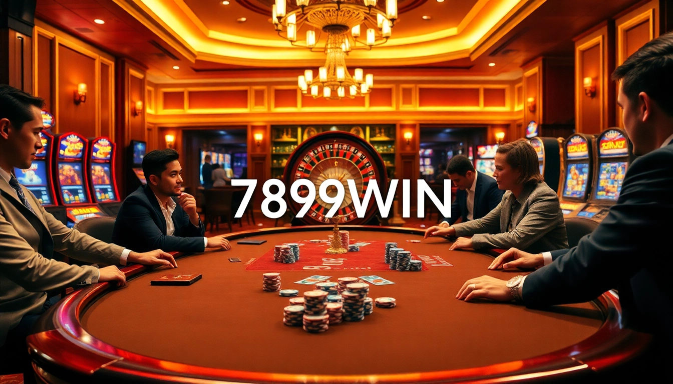 Players enjoying poker at 789WIN casino, surrounded by vibrant chips and cards.