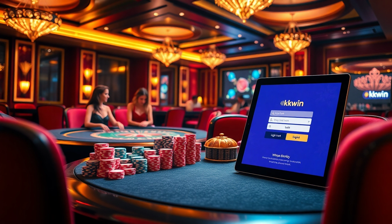 kkwin đăng nhập on a tablet showcasing a high-stakes casino atmosphere with elegant tables and vibrant poker chips.
