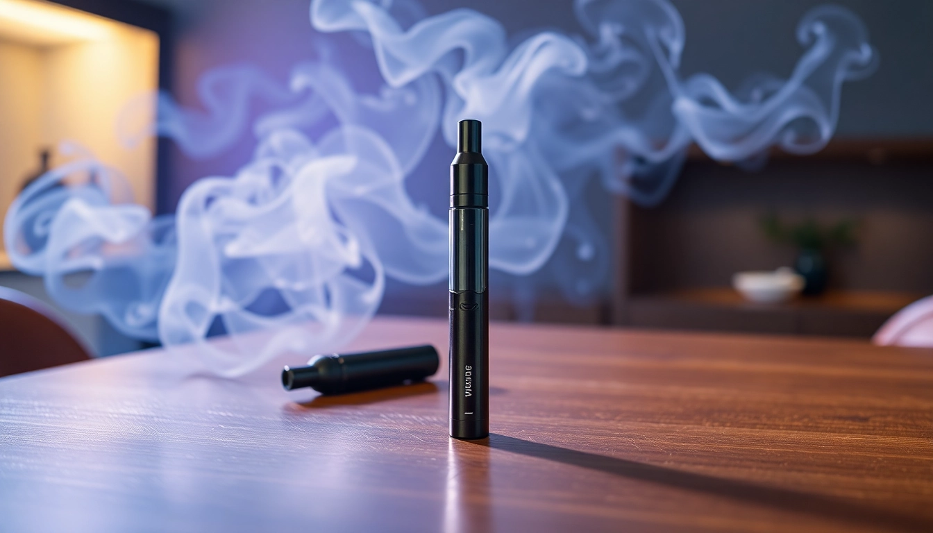 Buy DMT for sale with a sleek vape on a polished table in warm lighting.