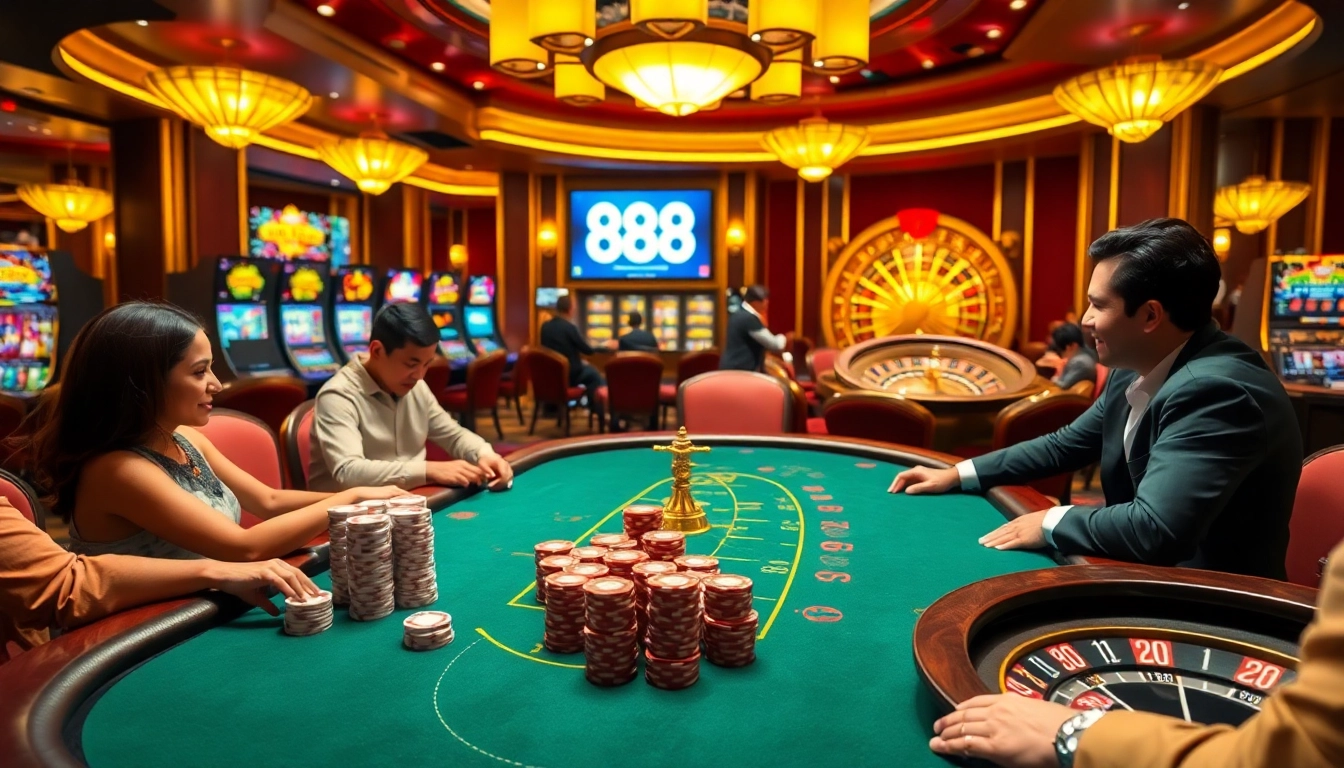 Experience the thrill of U 888 with vibrant casino visuals featuring poker and roulette.