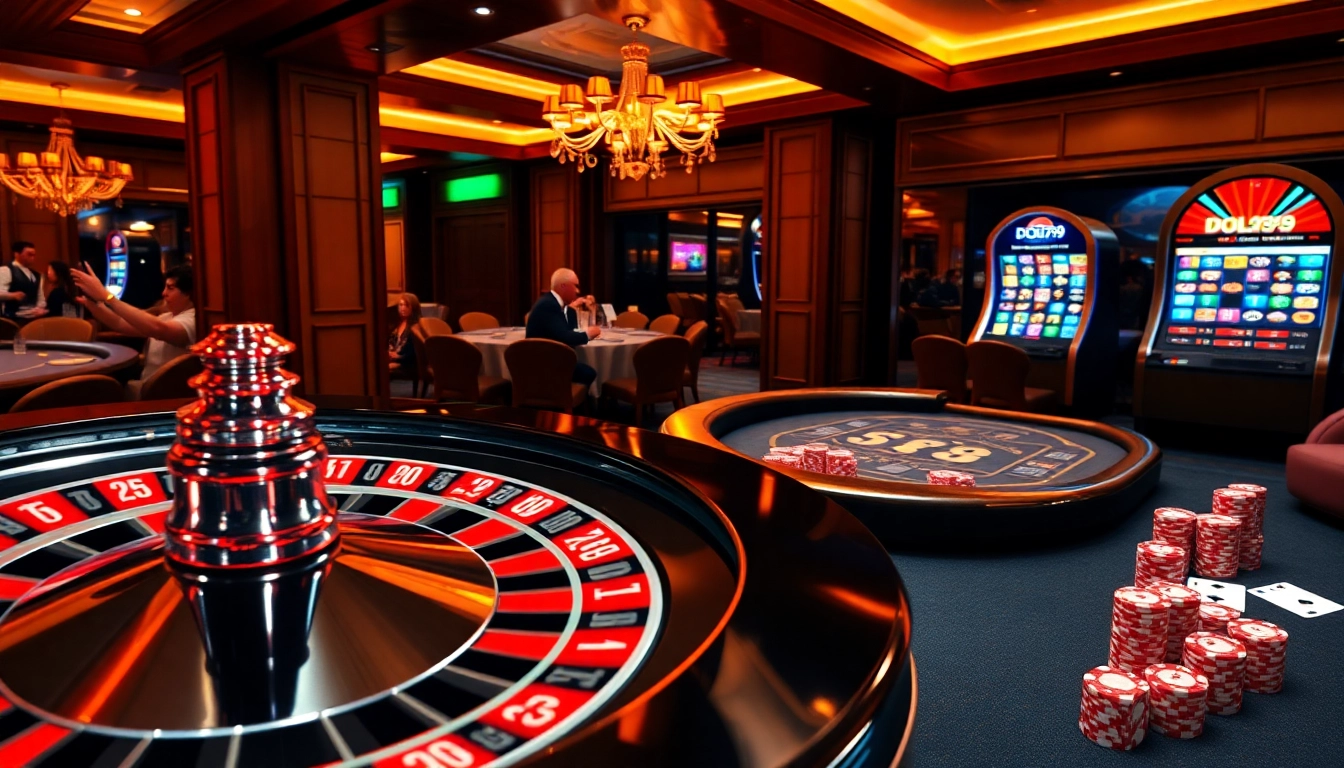 DOLA789 players thrill at a luxurious casino table with roulette and poker games.