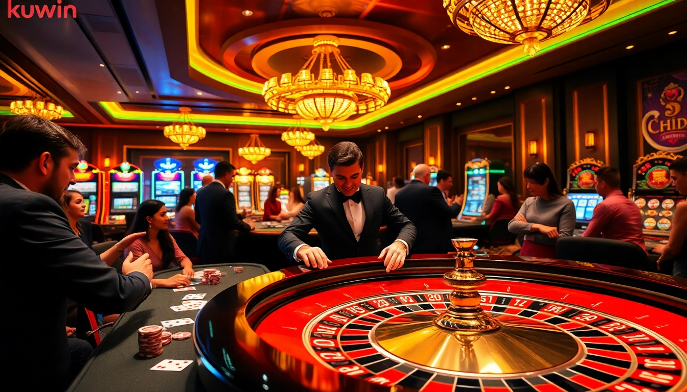 Kuwin live casino experience with players engaged around a roulette table amidst vibrant casino ambiance.