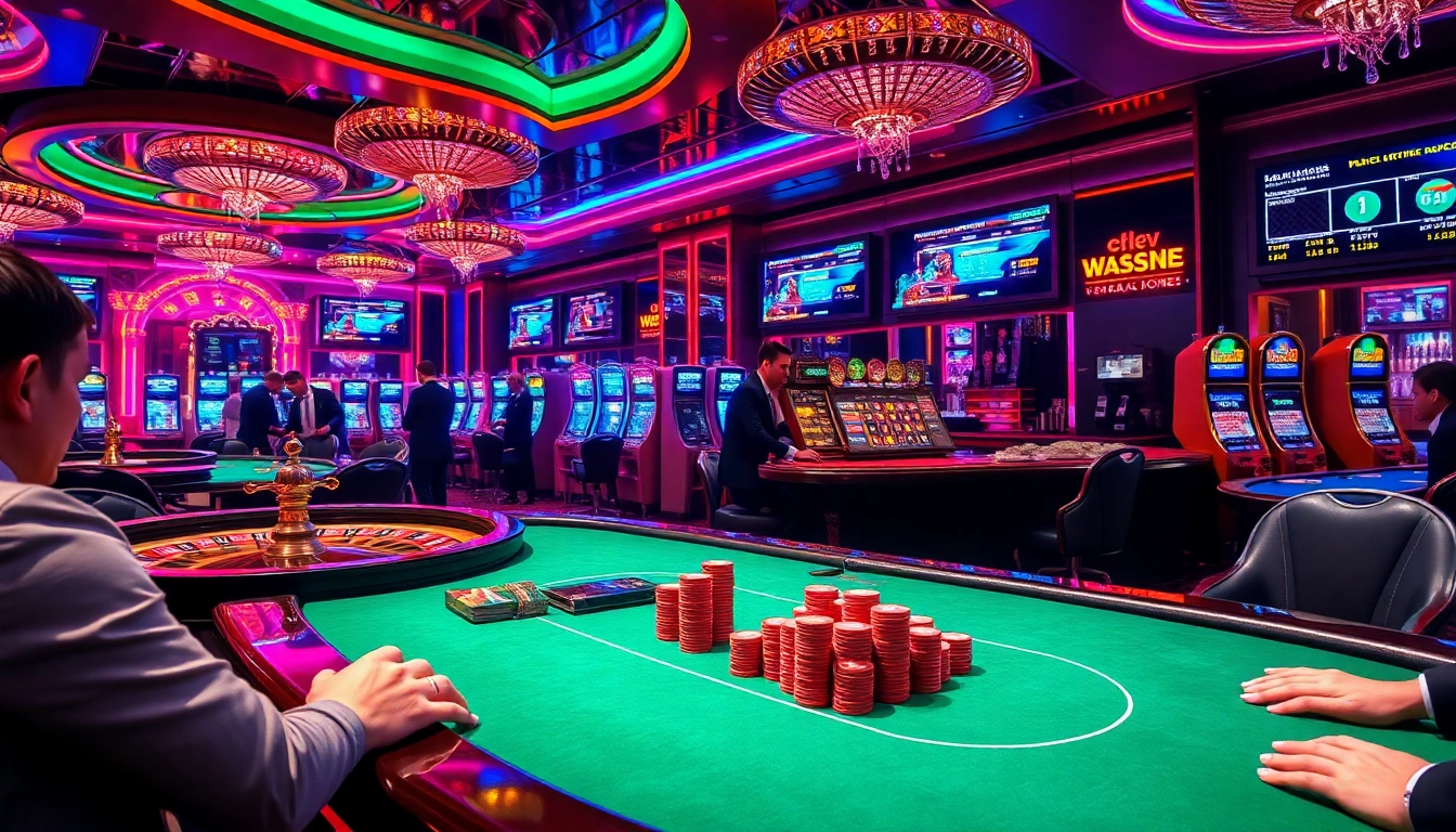 Experience the thrill of gambling at ww88 com, showcasing poker tables, roulette wheels, and lively casino atmosphere.