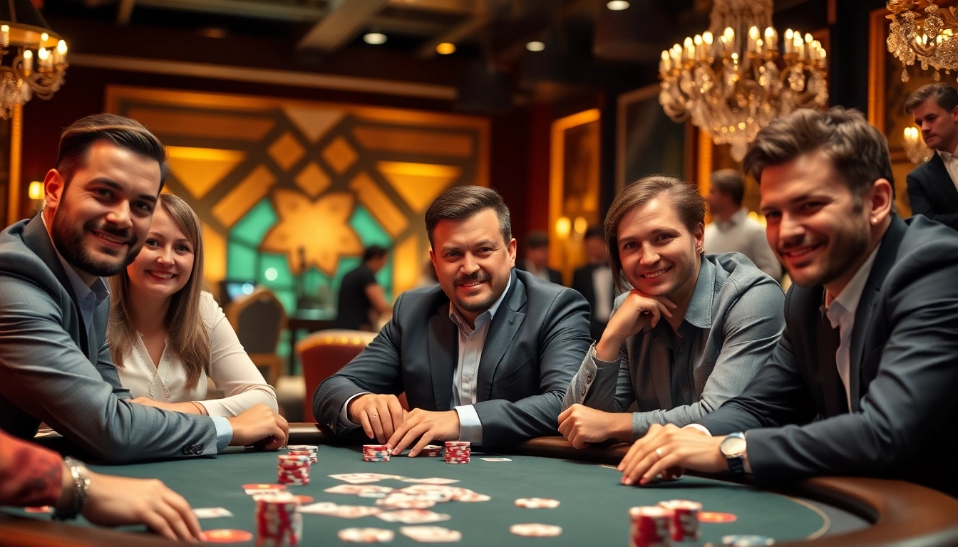 Joueurs concentrés au poker en ligne, ambiance chaude et dynamique dans un casino. related image