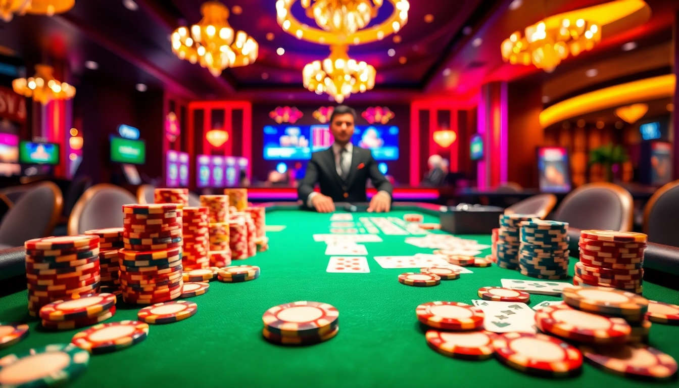 Jouer au casino en ligne avec des jetons colorés et des cartes sur une table élégante. related image