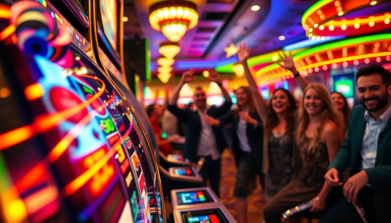 Jouer aux machines à sous casino dans un casino animé avec des lumières vives et une atmosphère festive.