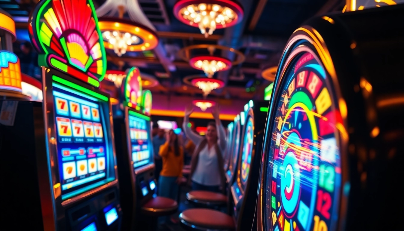 Jouer aux machines à sous casino dans un casino animé avec des lumières vives et une atmosphère festive. related image