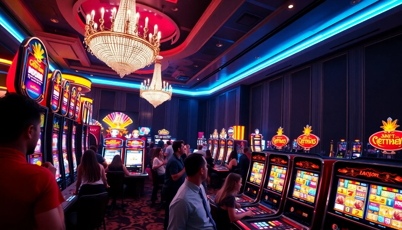 Vibrant casino en ligne scene with enthusiastic players enjoying games and bright slot machines related image