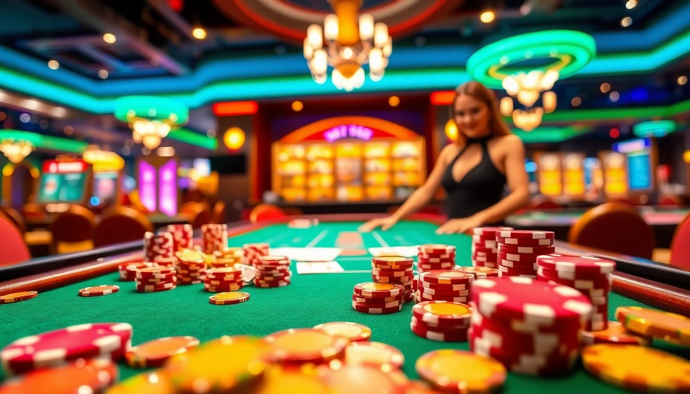 Jouer au casino en ligne avec des jetons colorés et des cartes sur une table élégante.