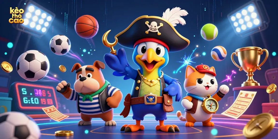 Enhance your betting strategies with kèo nhà cái insights from expert cartoon characters in a dynamic sports scene.