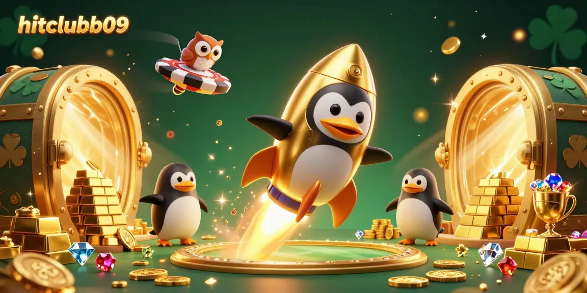 Hitclubb09 showcases a rocket-powered penguin amid casino treasures in a vibrant digital scene.