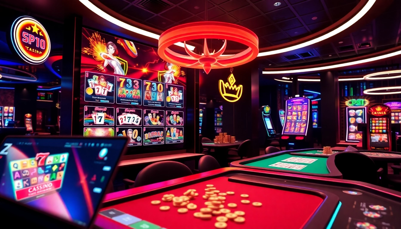 Jouer à casino en ligne avec un décor numérique dynamique rempli de jeux colorés.