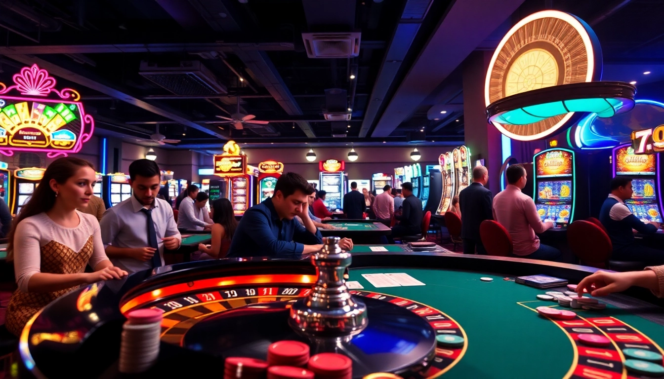 Jouer à des jeux captivants de casino en ligne avec ambiance lumineuse et joueurs engagés.