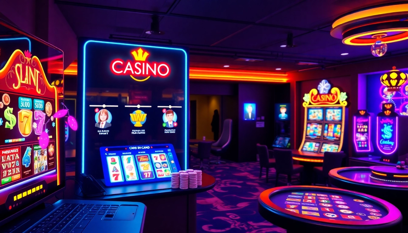 Jouer à casino en ligne avec un décor numérique dynamique rempli de jeux colorés. related image