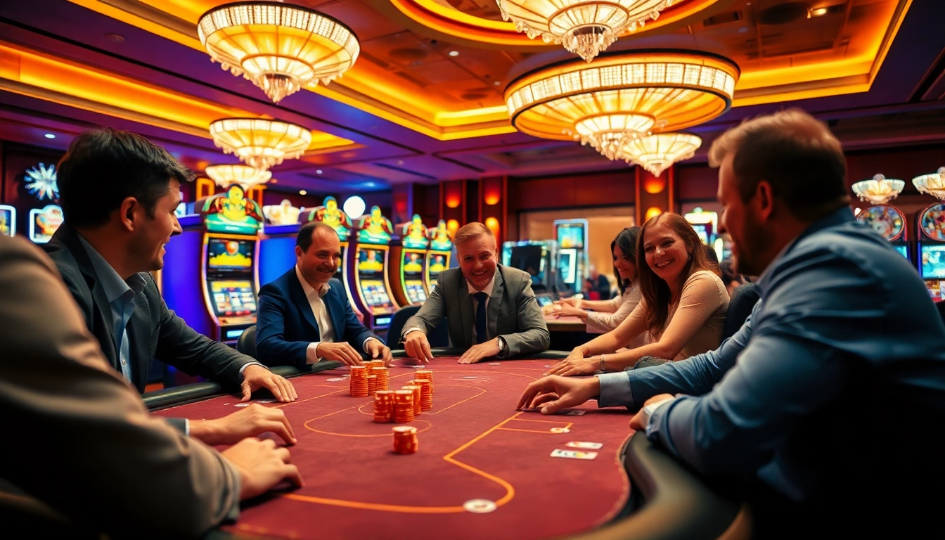 Jeux animés de casino en ligne avec des joueurs concentrés et des jetons colorés sur la table.