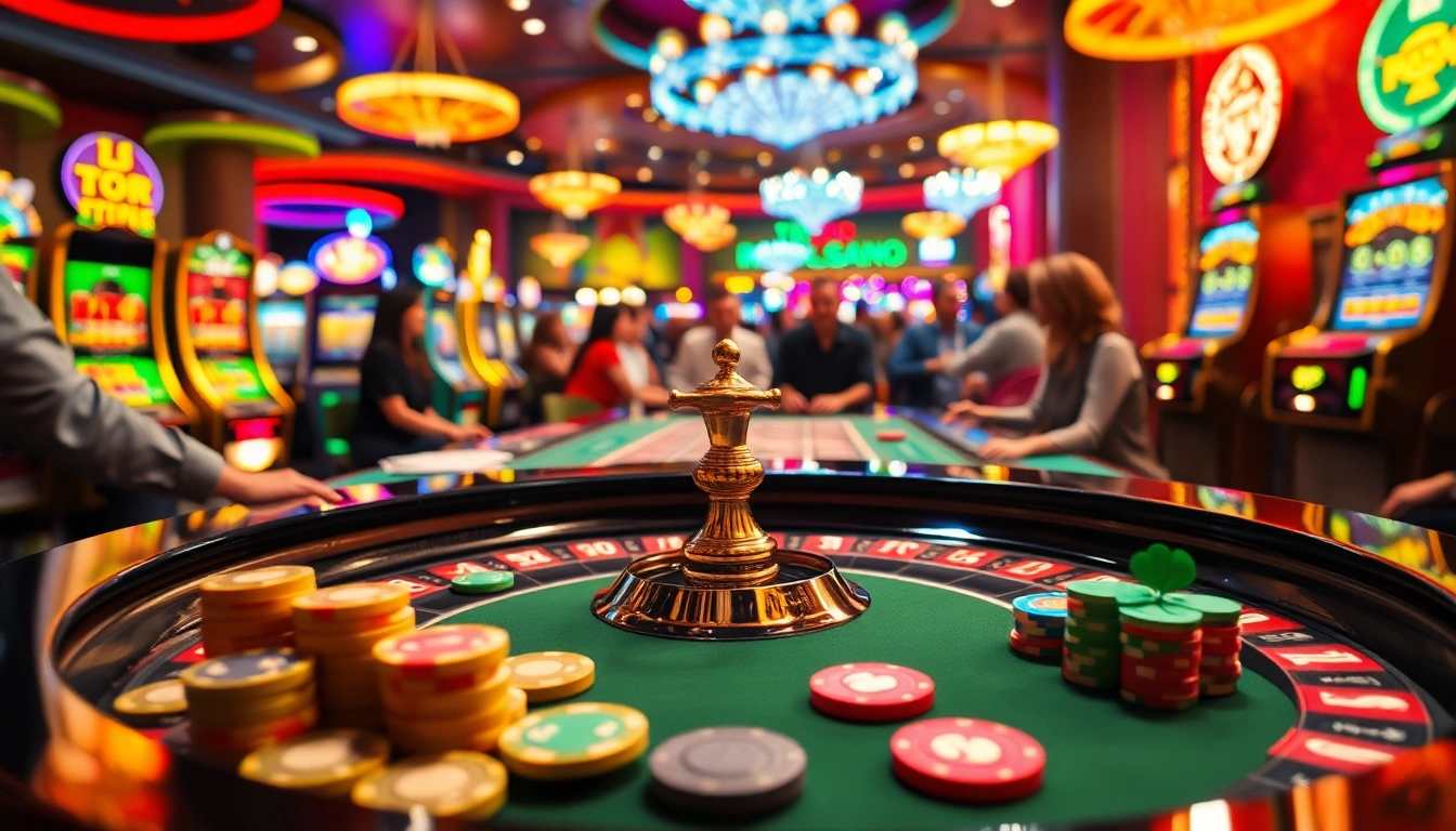 Jouer au casino sans kyc dans une ambiance vibrante avec des couleurs éclatantes et des joueurs actifs.