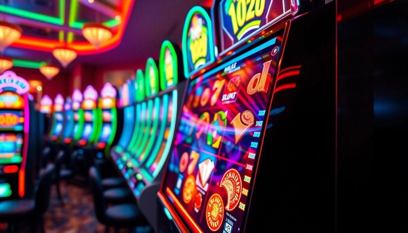 Machines à sous en ligne animées avec des graphiques colorés et une ambiance de casino dynamique.