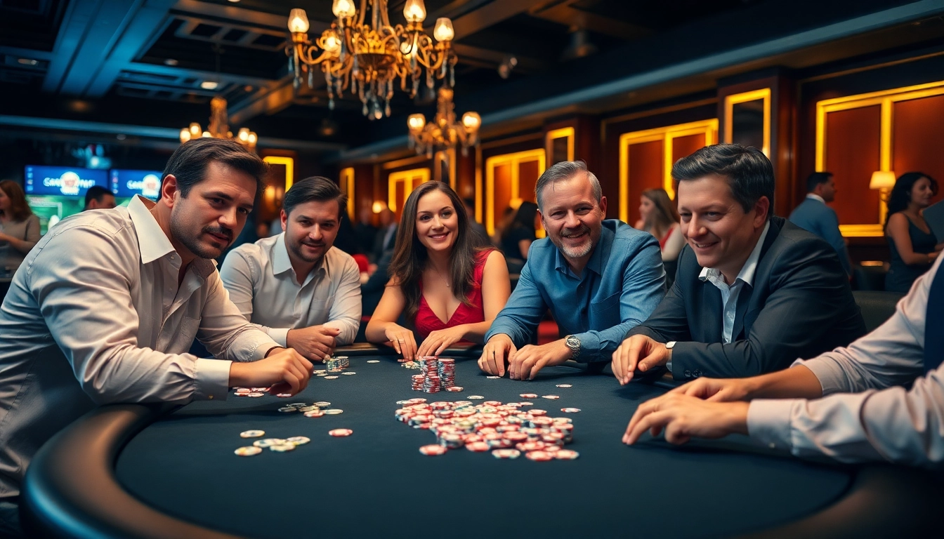 Joueurs concentrés au poker en ligne, ambiance chaude et dynamique dans un casino.