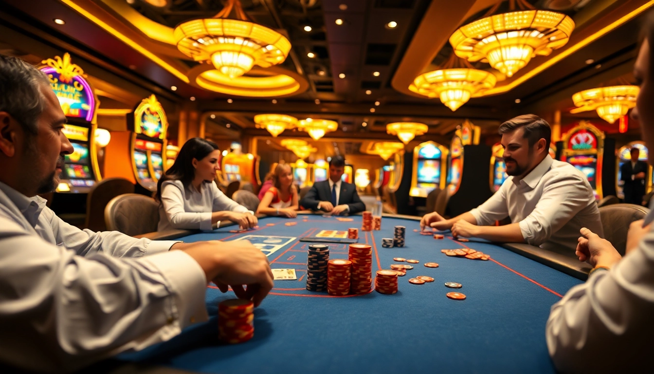 Jeux animés de casino en ligne avec des joueurs concentrés et des jetons colorés sur la table. related image