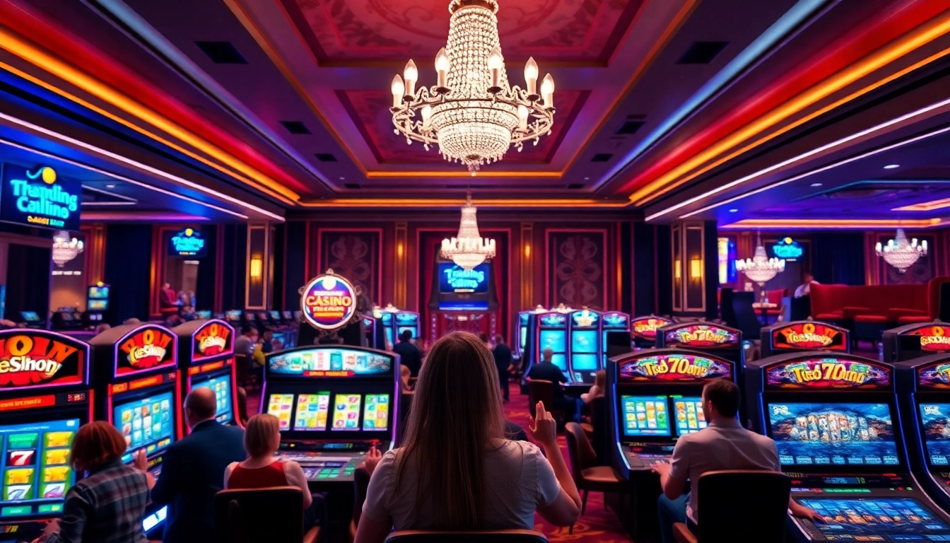 Vibrant casino en ligne scene with enthusiastic players enjoying games and bright slot machines