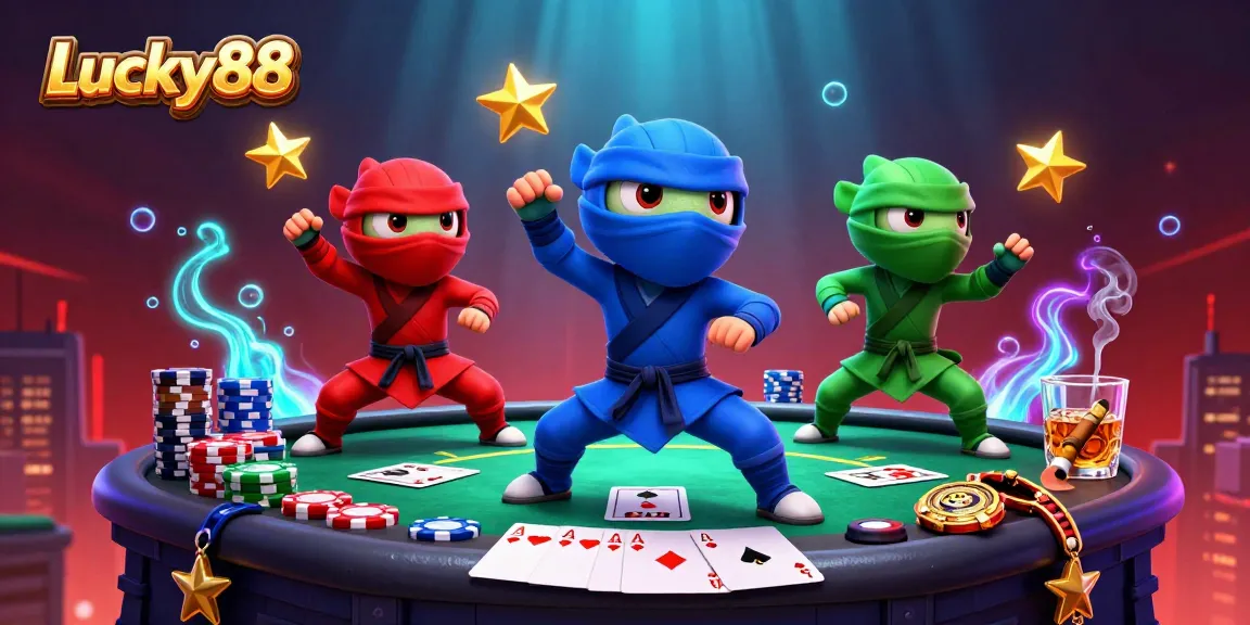 Join the thrilling action at Lucky88 with ninja chameleons showcasing their poker prowess amidst vibrant casino elements.