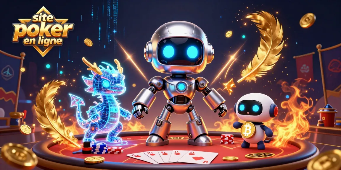 Jouez sur le site poker en ligne avec des personnages futuristes autour d'une table de poker.