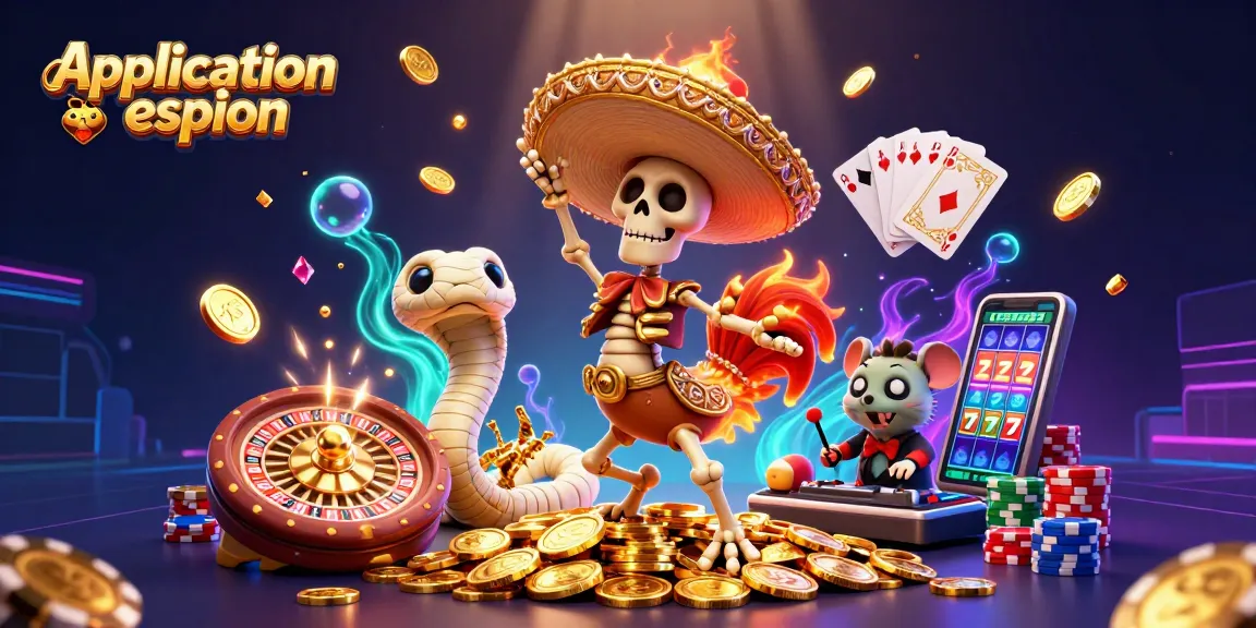 Examinez l'application espion avec des jeux d'argent à travers cette scène dynamique illustrant une danse du mariachi, des détails de casino, et des éléments de jeu.