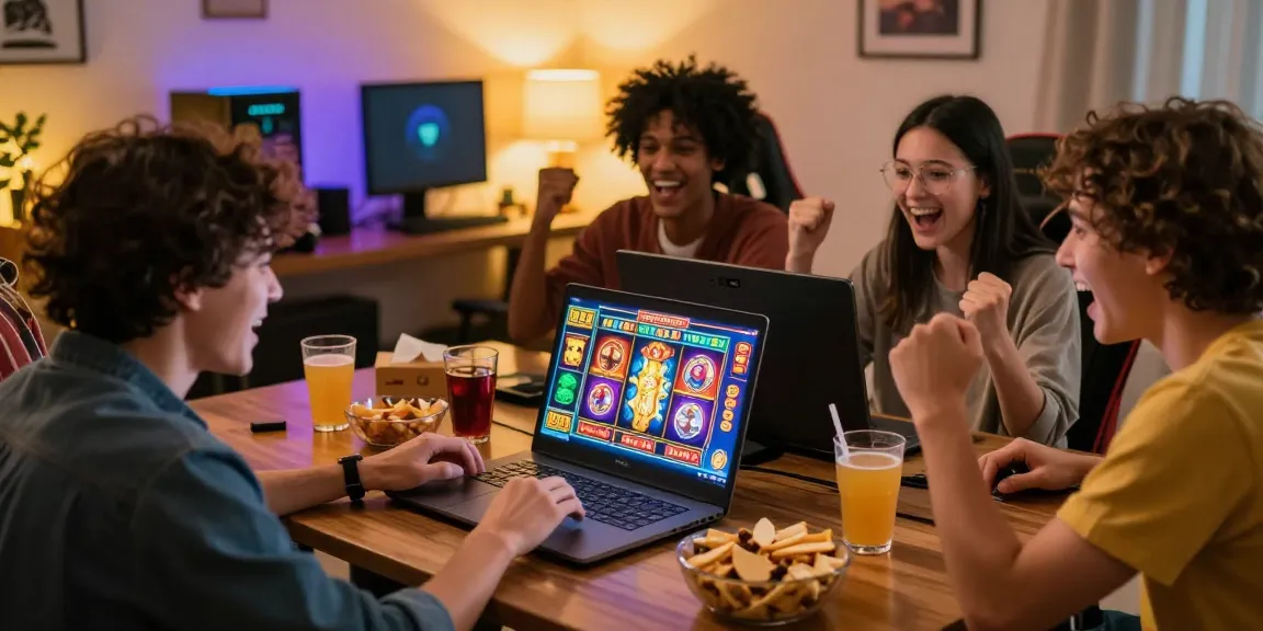 Scène de casino en ligne avec des amis jouant sur un ordinateur portable et célébrant des gains, ambiance festive et joyeuse.