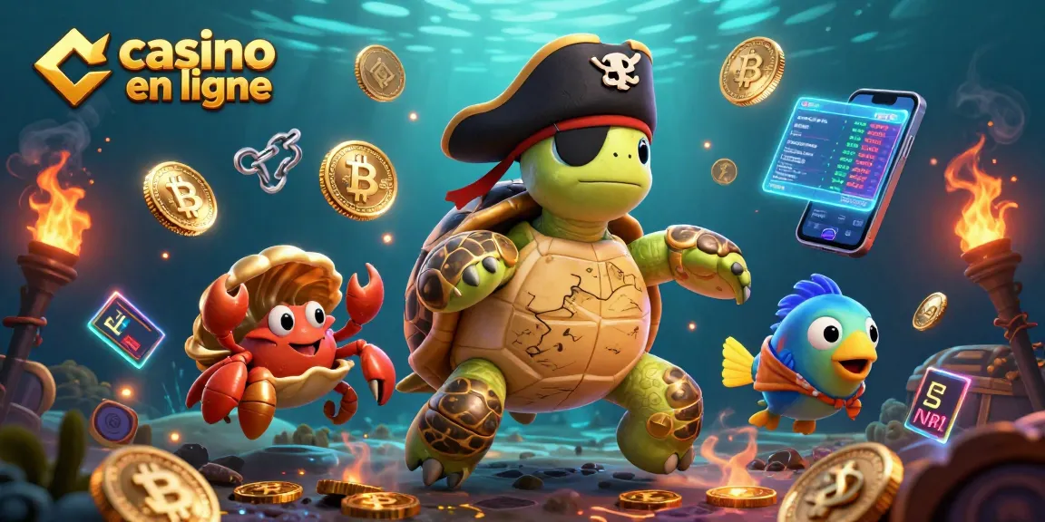 Jouez dans un casino en ligne avec cette illustration dynamique mettant en scène une tortue pirate et des éléments de jeu de crypto-monnaies.
