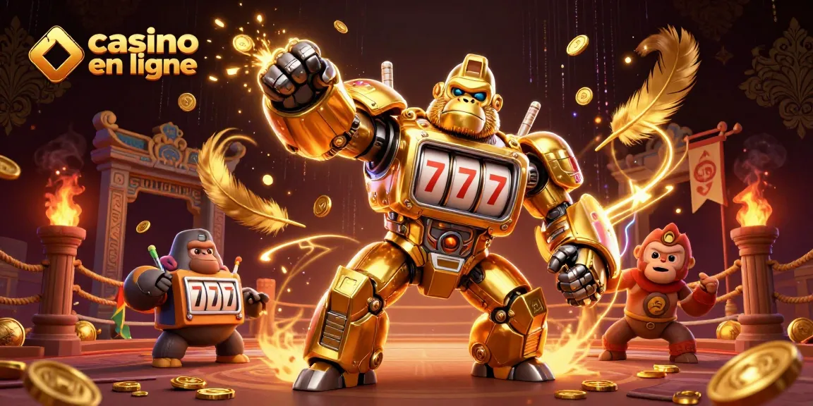 Casino en ligne avec un gorille robot et des éléments de jeu scintillants dans un cadre dynamique.