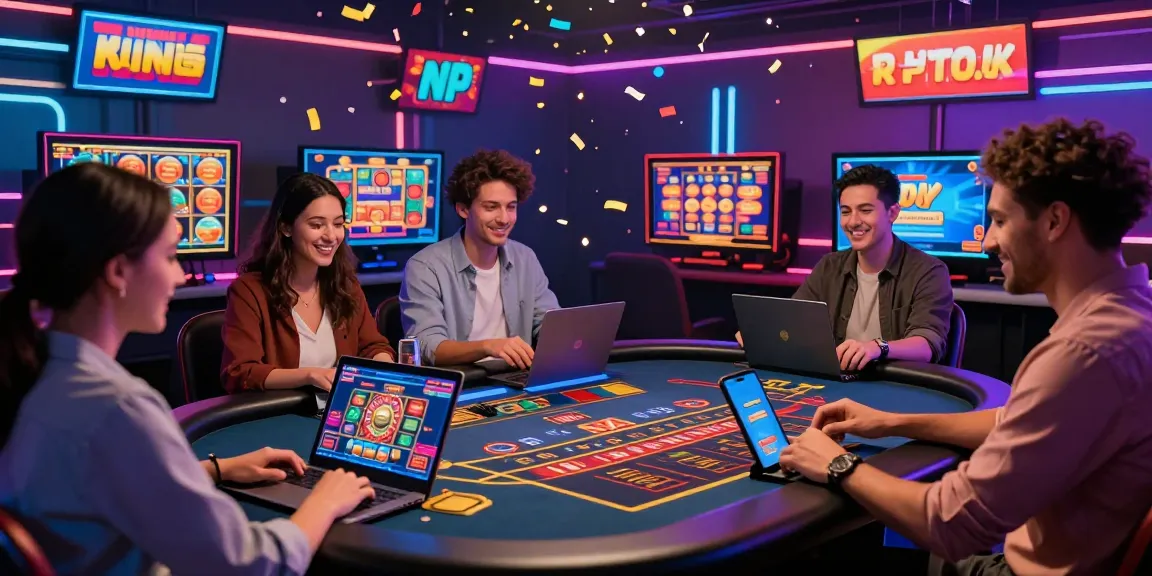 Casino en ligne fiable avec joueurs heureux autour d'une table virtuelle de roulette, ambiance dynamique et promotions joyeuses.