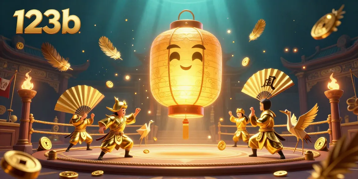 Bet on exciting fights at 123b's immersive casino atmosphere with dynamic golden lanterns and warriors.
