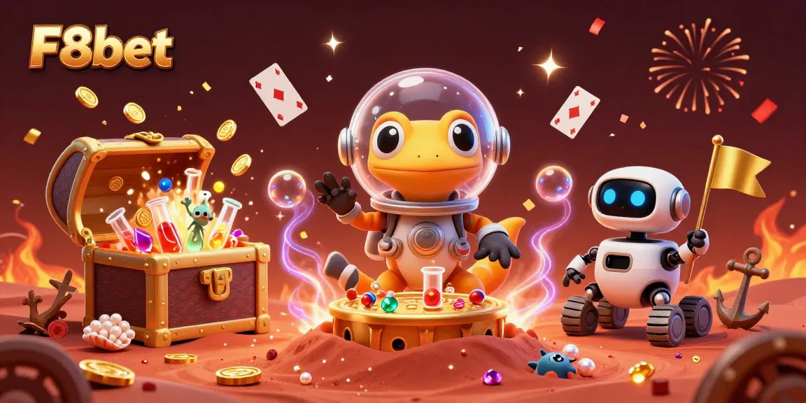 F8bet's Martian gecko exploring a hidden casino, surrounded by gold coins and celebration.
