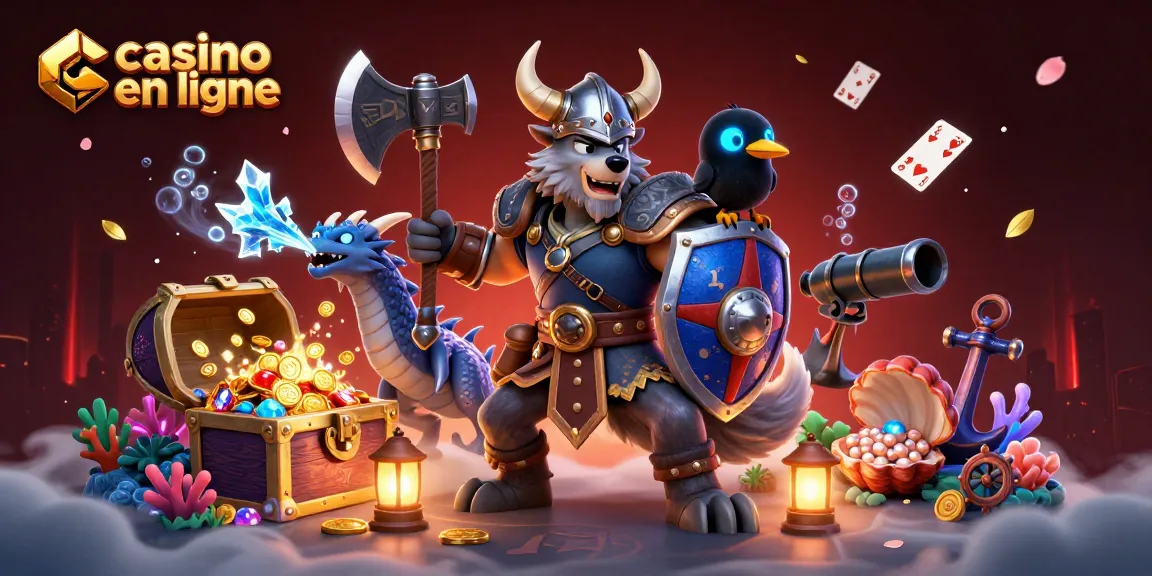 Jouer à des jeux de casino en ligne avec un loup viking et un dragon, entourés de trésors sous-marins.