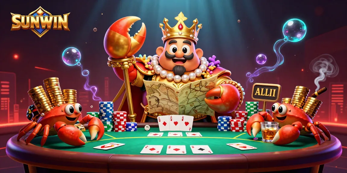 SUNWIN showcases a dynamic poker scene with a golden crab emperor amidst vibrant casino elements.