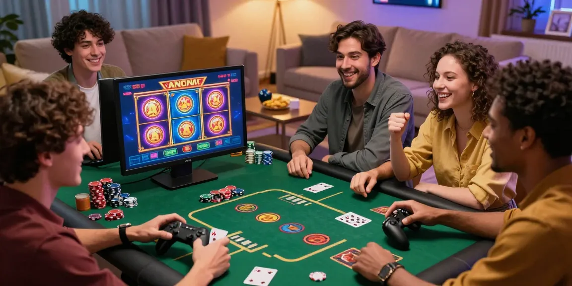 Jeux de casino en ligne avec amis partageant une expérience joyeuse dans un salon accueillant, optimisés pour le casino en ligne.