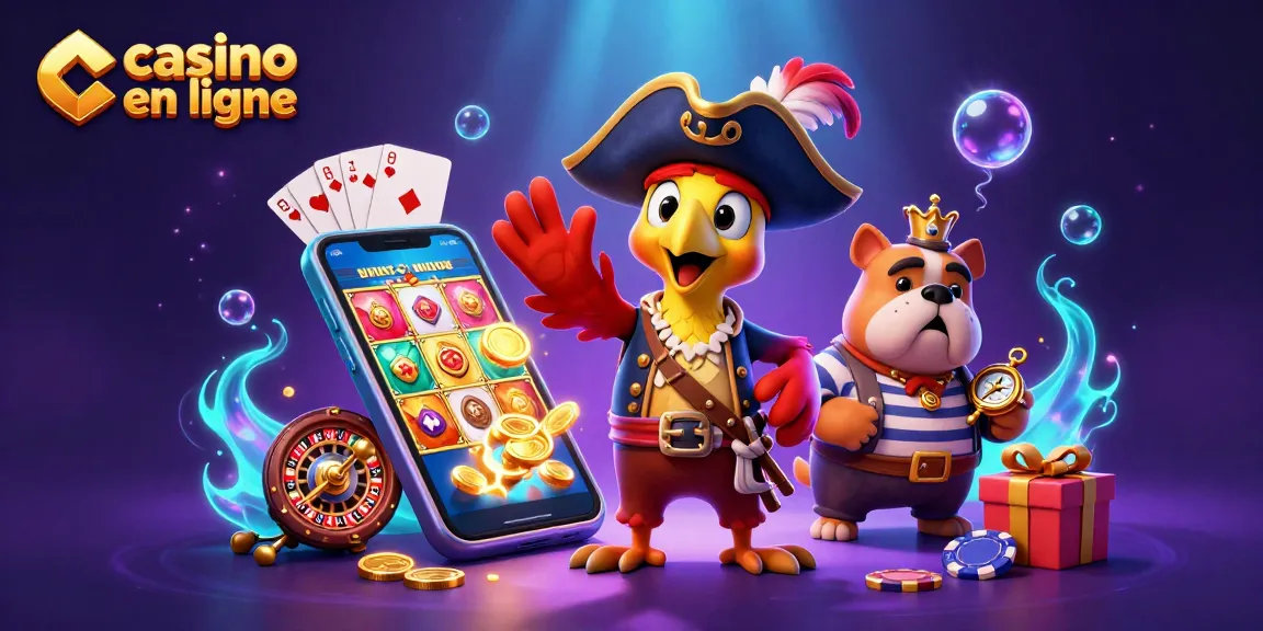 Gagnez à casino en ligne avec des jeux captivants et des personnages animés dans une illustration dynamique.
