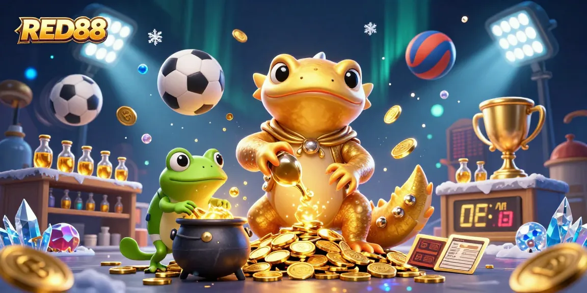 Feel the excitement of RED88 with a golden salamander transforming metal into coins in a vibrant casino scene.