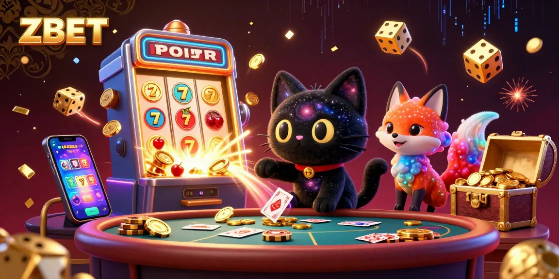 Experience the ZBET cosmic casino with a black hole cat pulling in cards and chips in a vibrant 3D illustration.