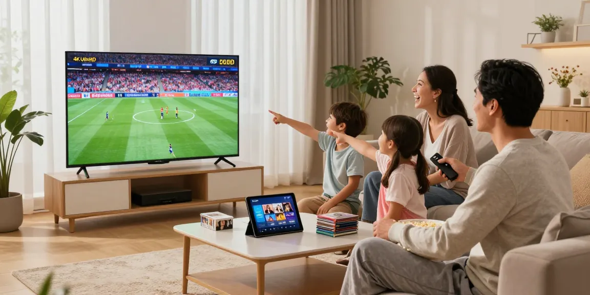 Famille regardant la TV avec un abonnement IPTV en 4K Ultra HD dans un salon moderne.